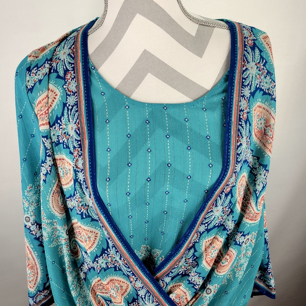 Chicos Faux Wrap Top Teal Paisley Flutter Sleeve Hi low Front to back Size 2 - Picture 3 of 10